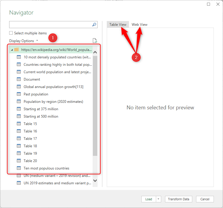 Excel's 'Navigator' window, with the available tables and the different views highlighted.