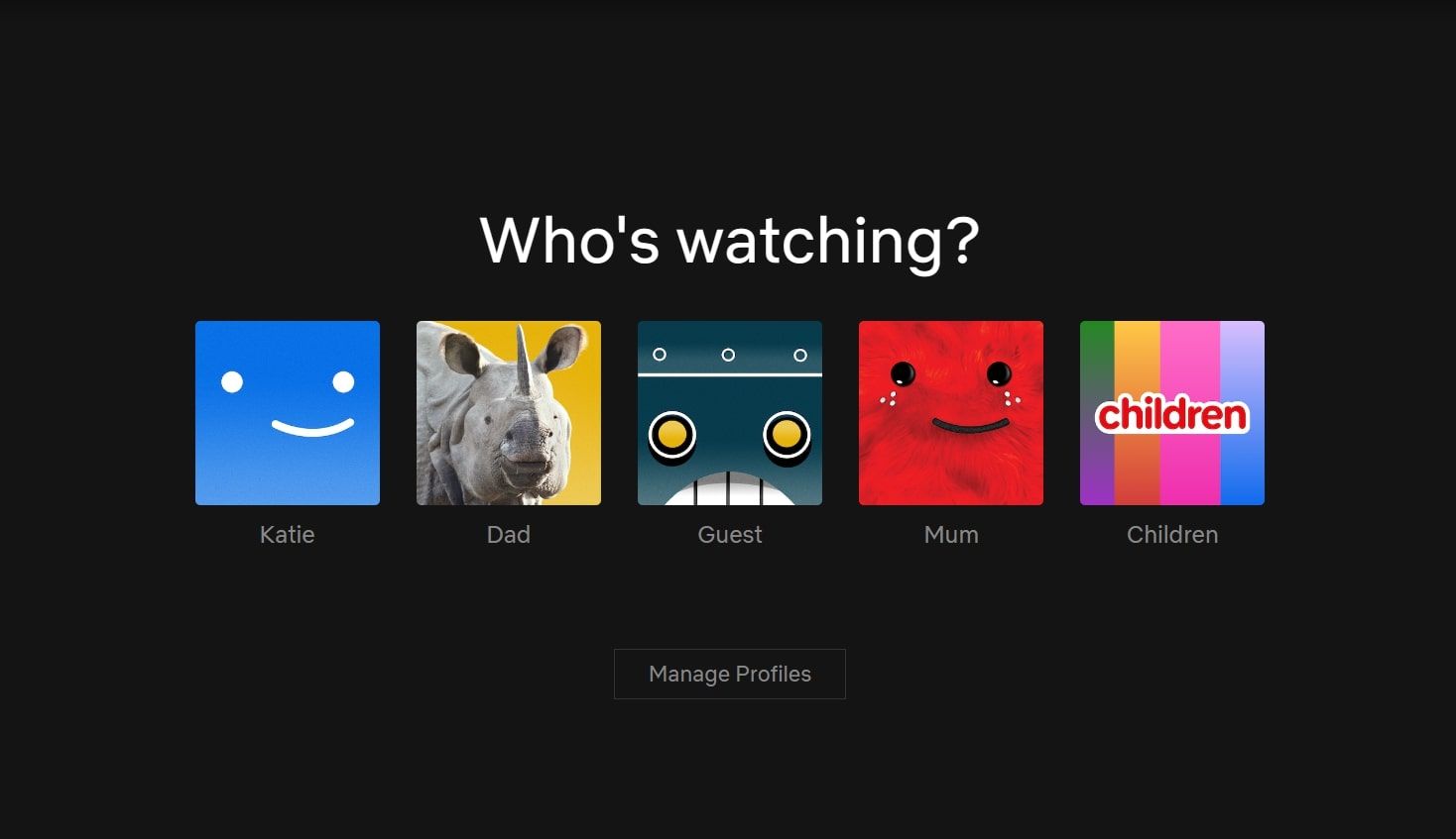 Screenshot of the Netflix profile list page on desktop.