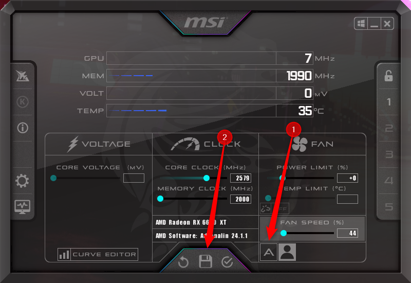 Bố cục MSI Afterburner hiển thị cách đặt tốc độ quạt thành tự động.