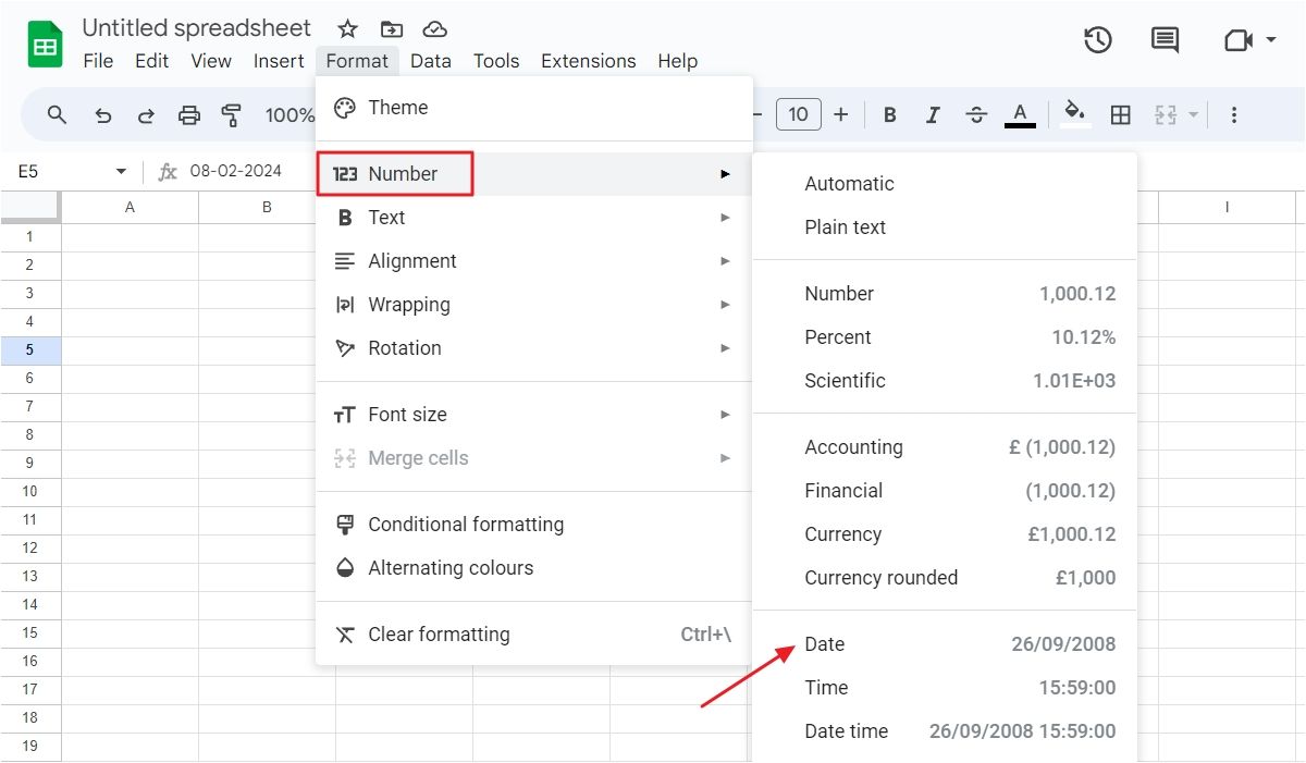 Number option in the Format menu of Google Sheets.