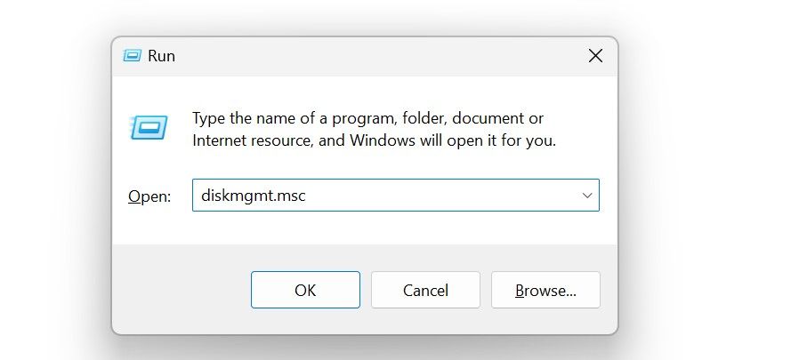 Opening Disk Management from the Run dialog box.