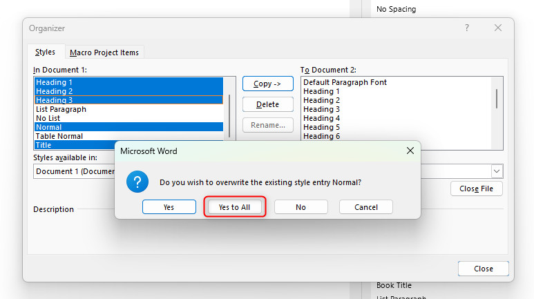 Word document with the option to overwrite styles when exporting from Document 1 to Document 2, with 'Yes To All' highlighted.