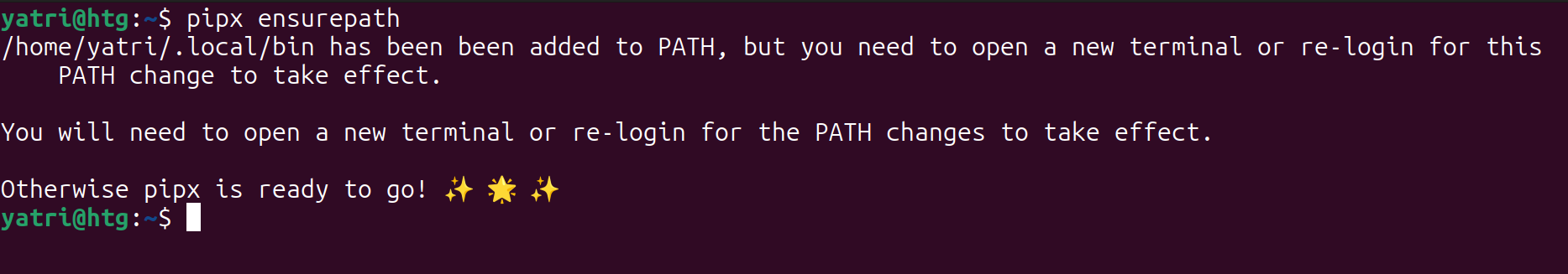 terminal window with a message telling the user that pipx's path has been set but a restart may be required