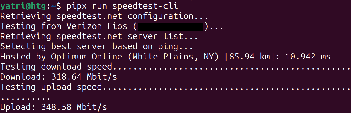 terminal output of the speedtest command showing the bandwidth of the internet connection