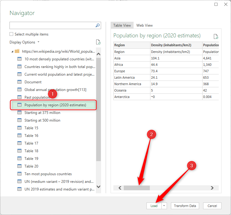 The 'Population by Region' table is selected in the Navigator's list and the scroller bar is highlighted to demonstrate how to view more of the preview.