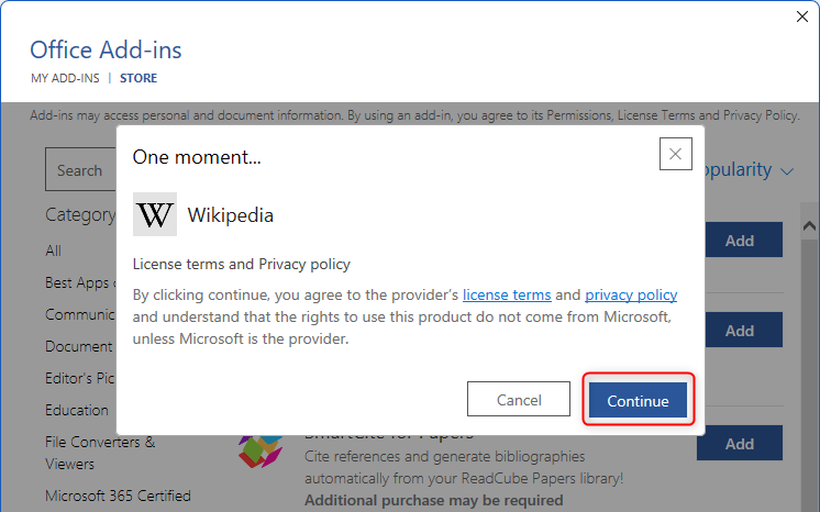 Add-in privacy notice for Wikipedia, and 'Continue' highlighted.