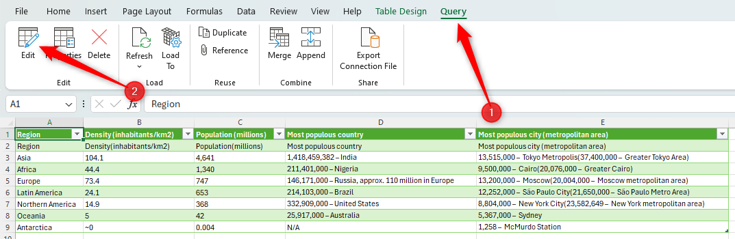 Excel workbook open, with the 'Query' tab selected and the 'Edit' option highlighted.