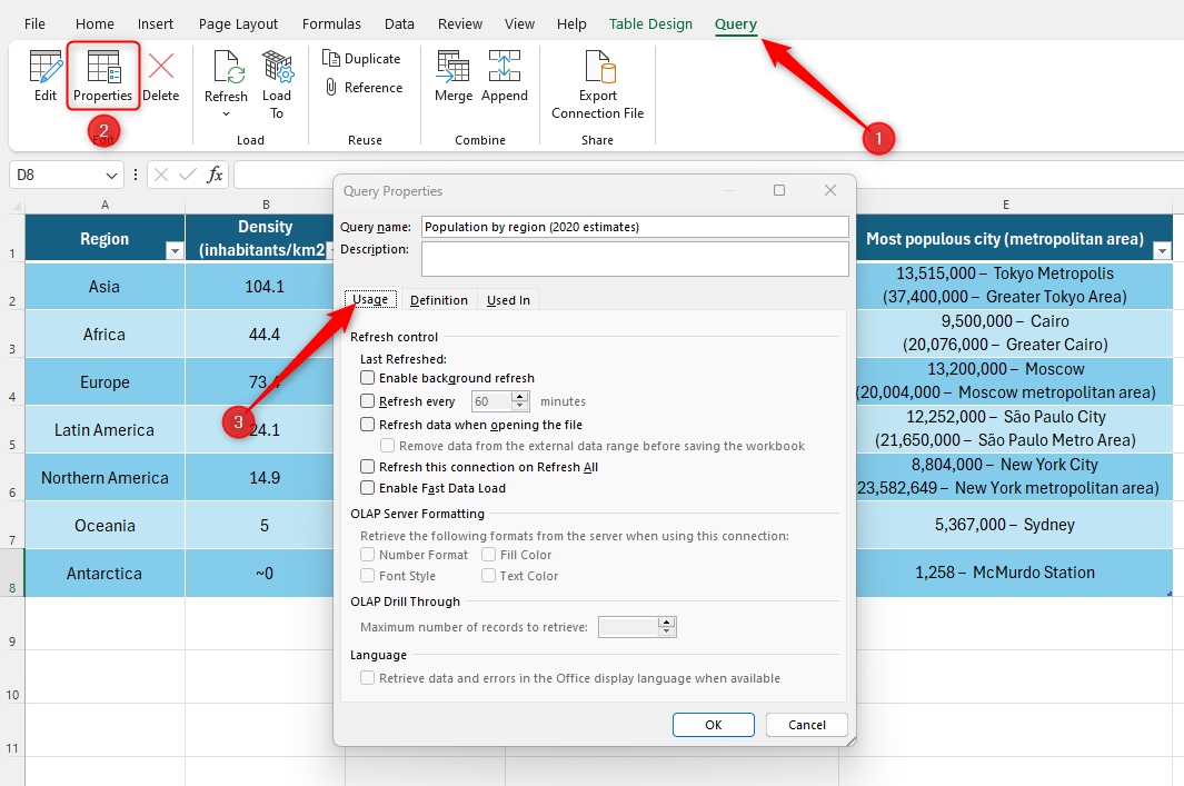 Excel worksheet with the 'Query Properties' dialog box open, accessed through Query > Properties.