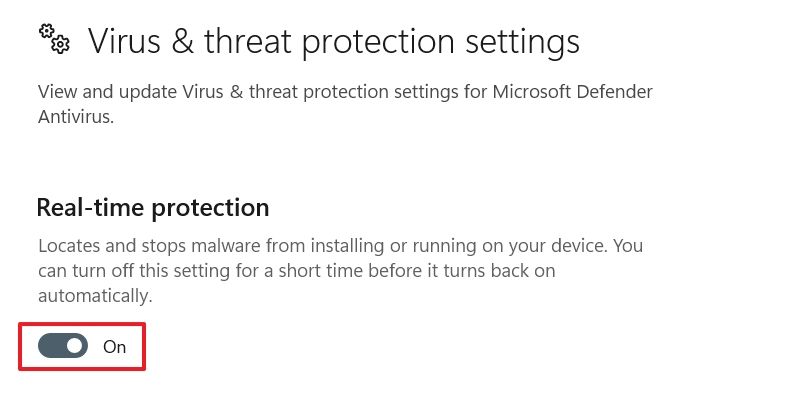Real-time Protection toggle in the Windows Security app.