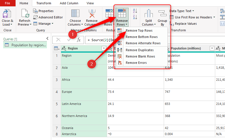 Power Query Editor window open, with 'Remove Rows' and 'Remove Top Rows' highlighted.