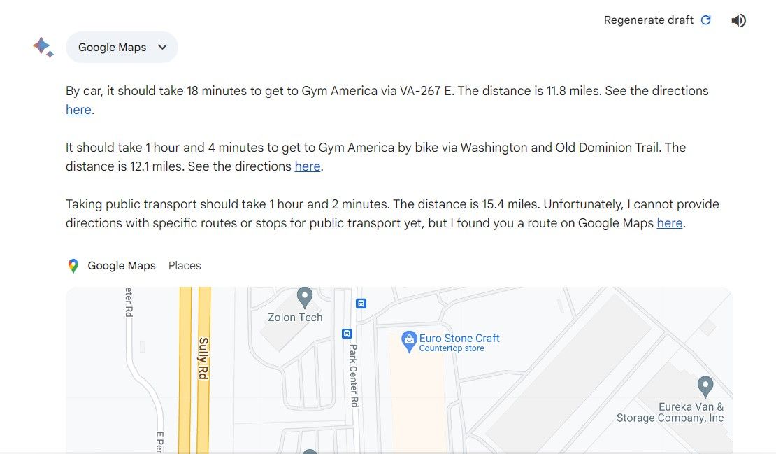 Gemini showing directions and estimated travel times to Gym America