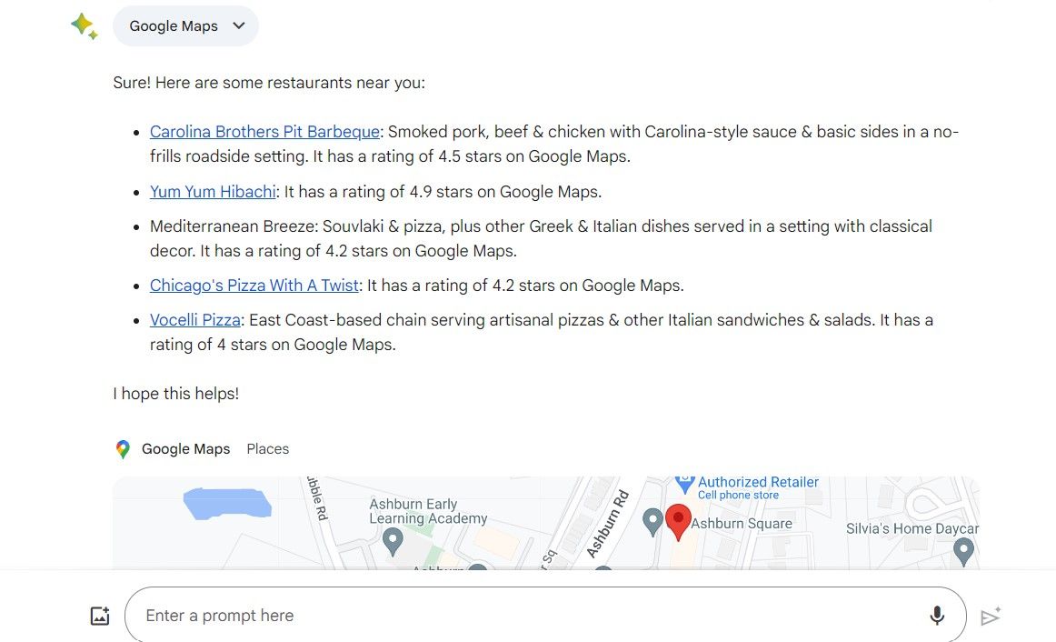 Gemini showing a list of nearby restaurants with their descriptions and ratings