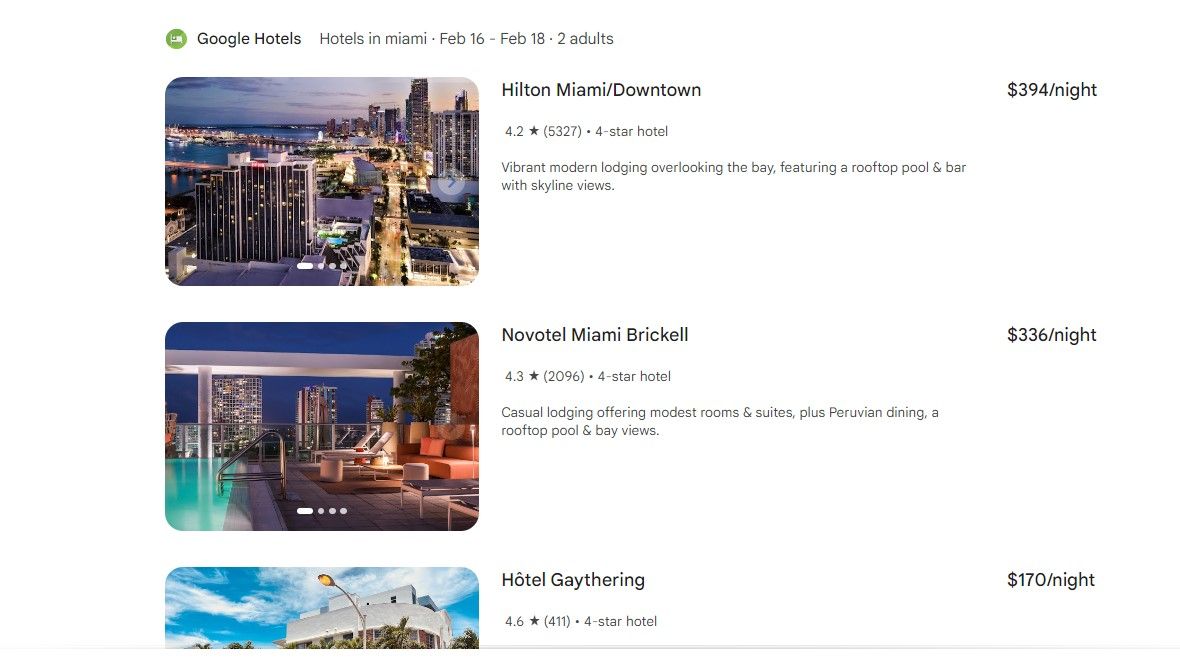 Gemini showing three hotel options in Miami for two adults