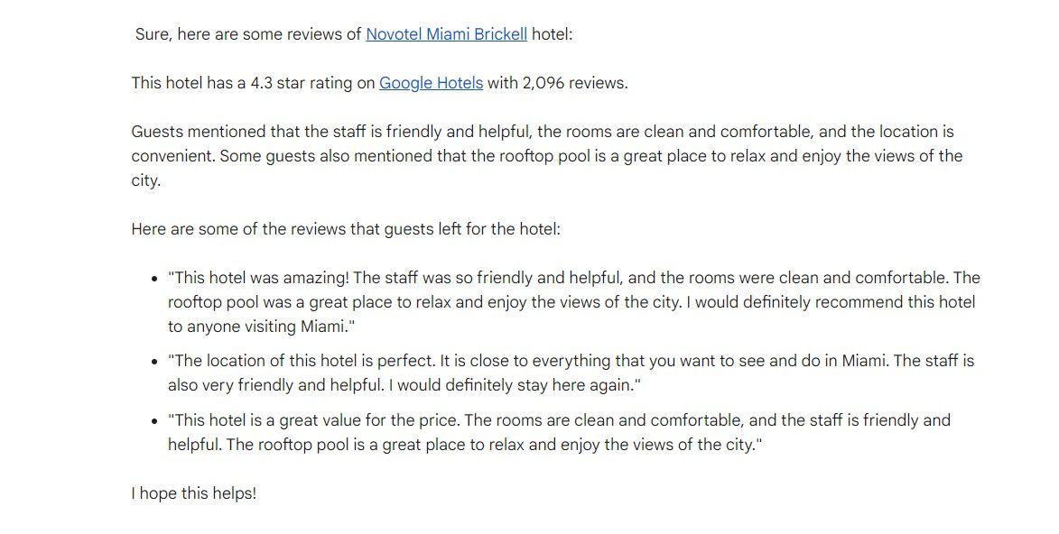 Gemini displaying reviews of Novotel Miami Brickell hotel