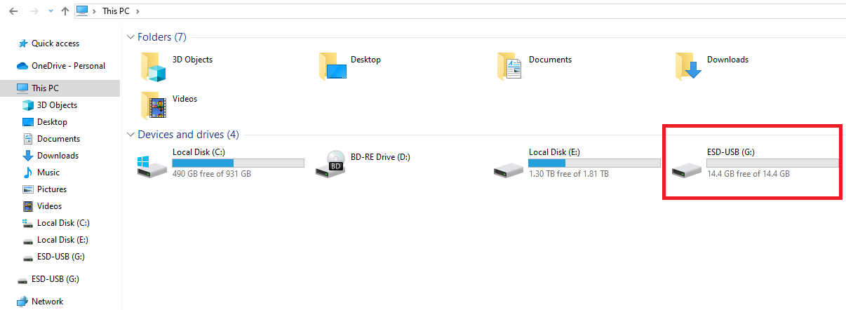 The section titled "This PC" in the File Explorer that shows all connected storage devices and drives.