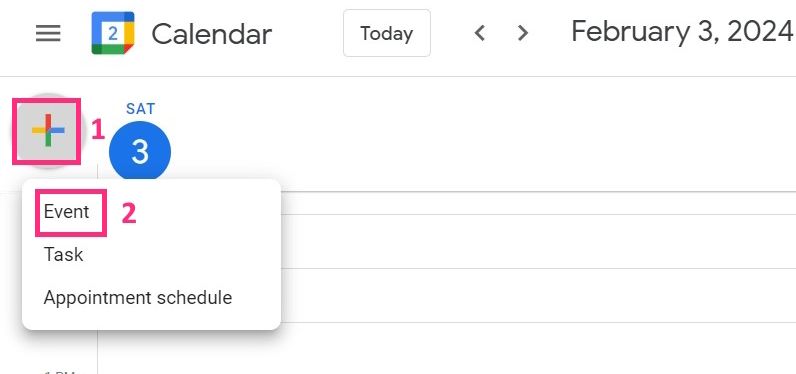 Screenshot of creating an Event in Google Calendar
