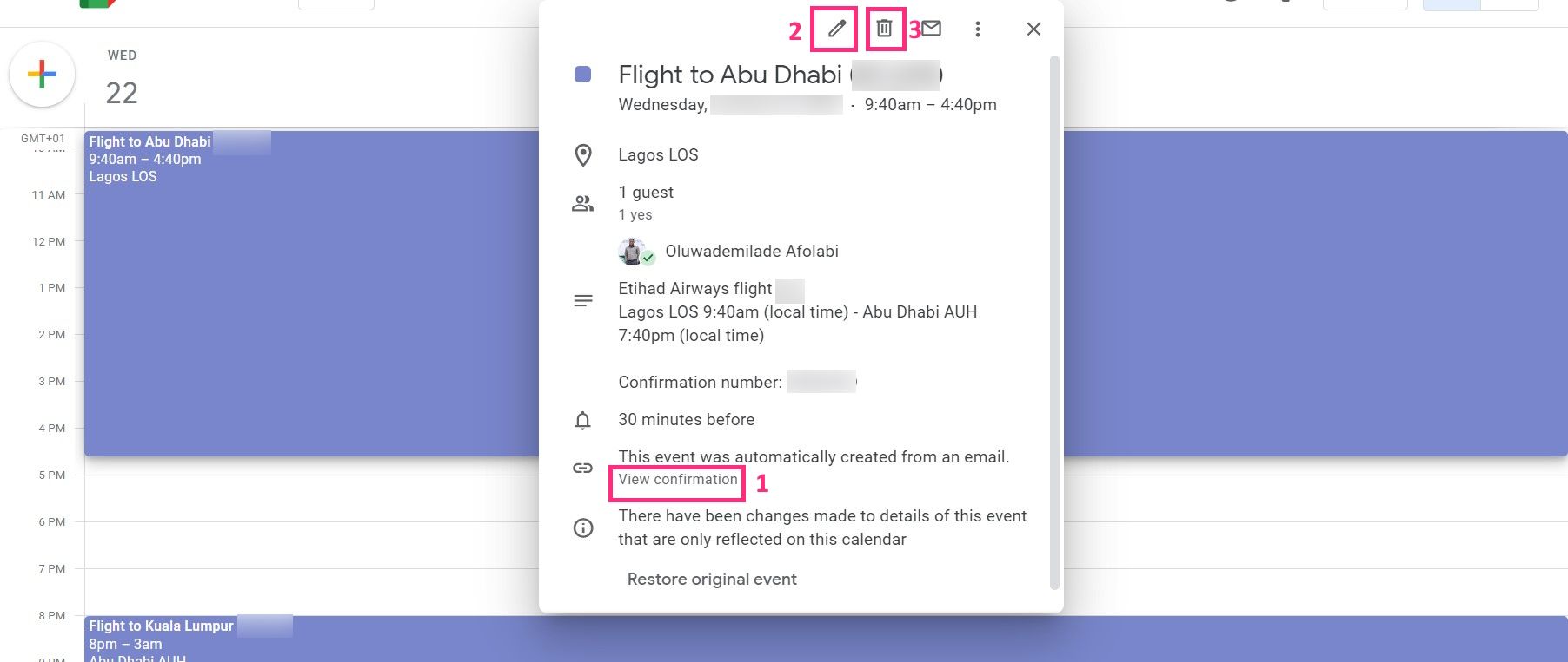 Screenshot of flight details in Google Calendar