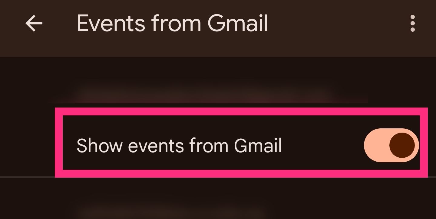 Screenshot of Show events from Gmail toggle on Google Calendar