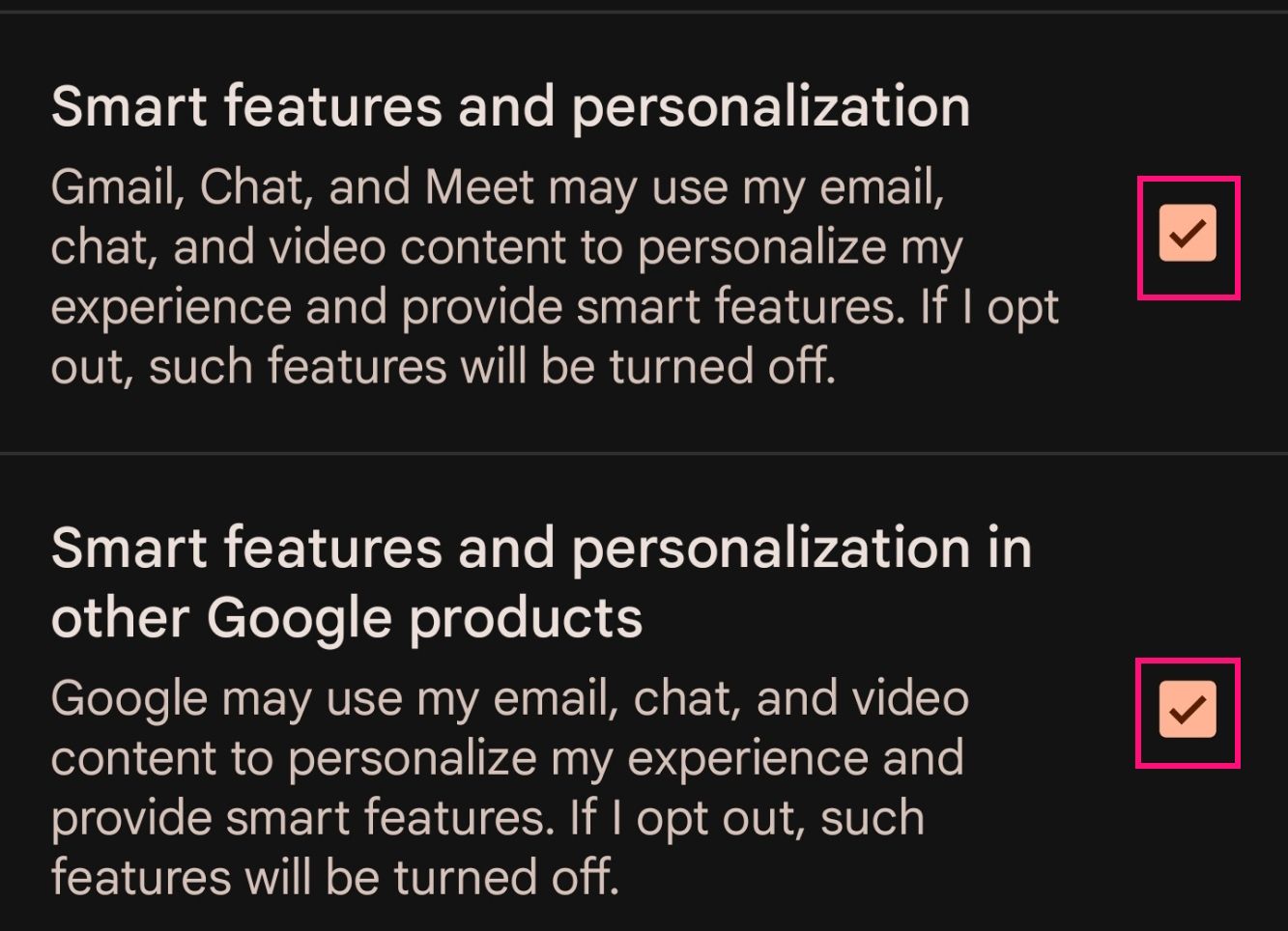 Screenshot showing smart features and personalization options in Gmail settings