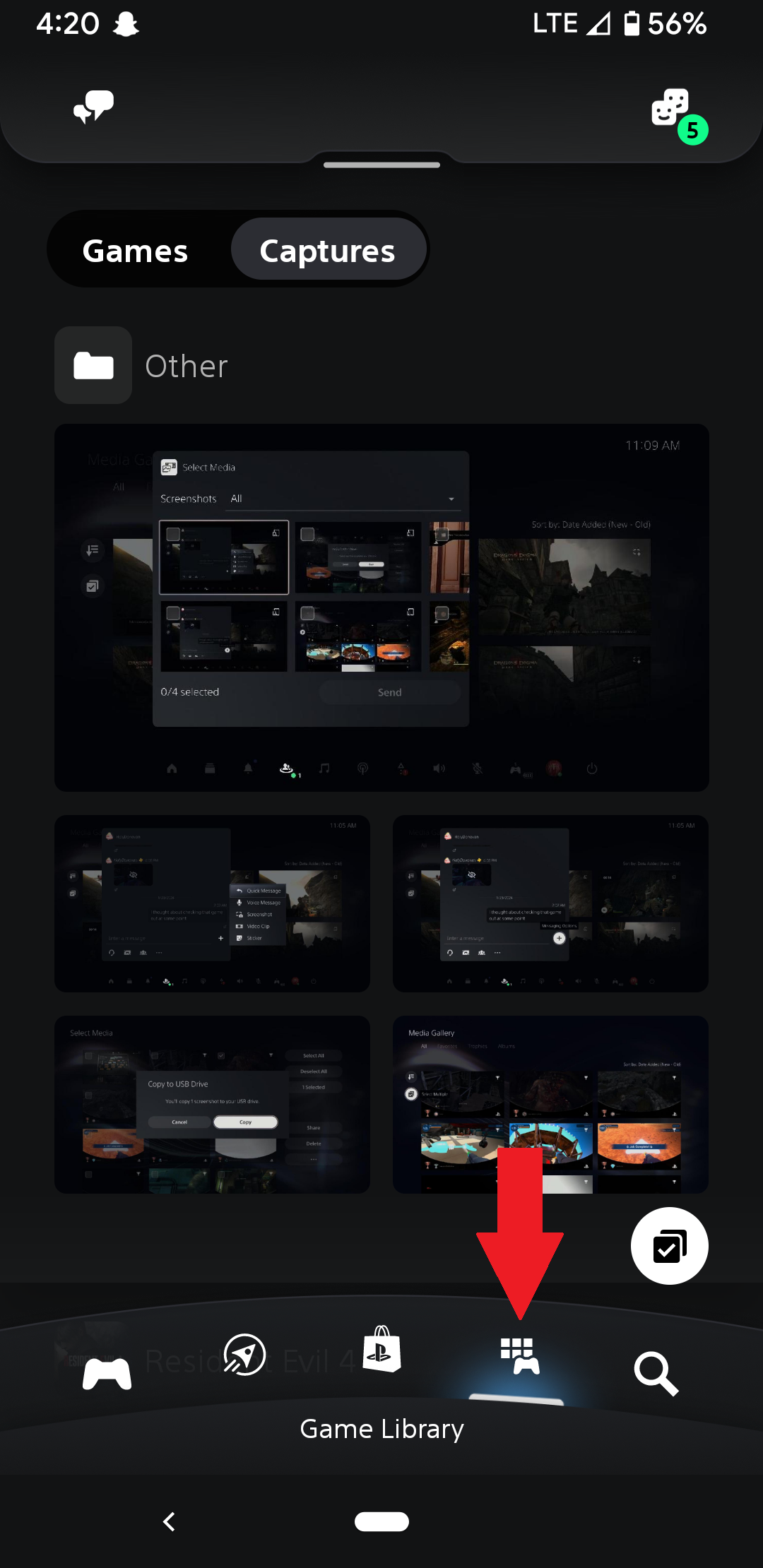 The "Captures" menu on the PlayStation app where all the screenshots and video recordings you take will appear.