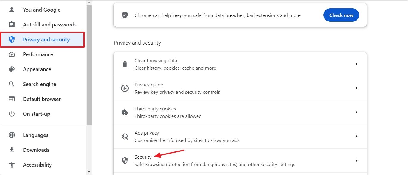 Security option in Chrome Settings menu.