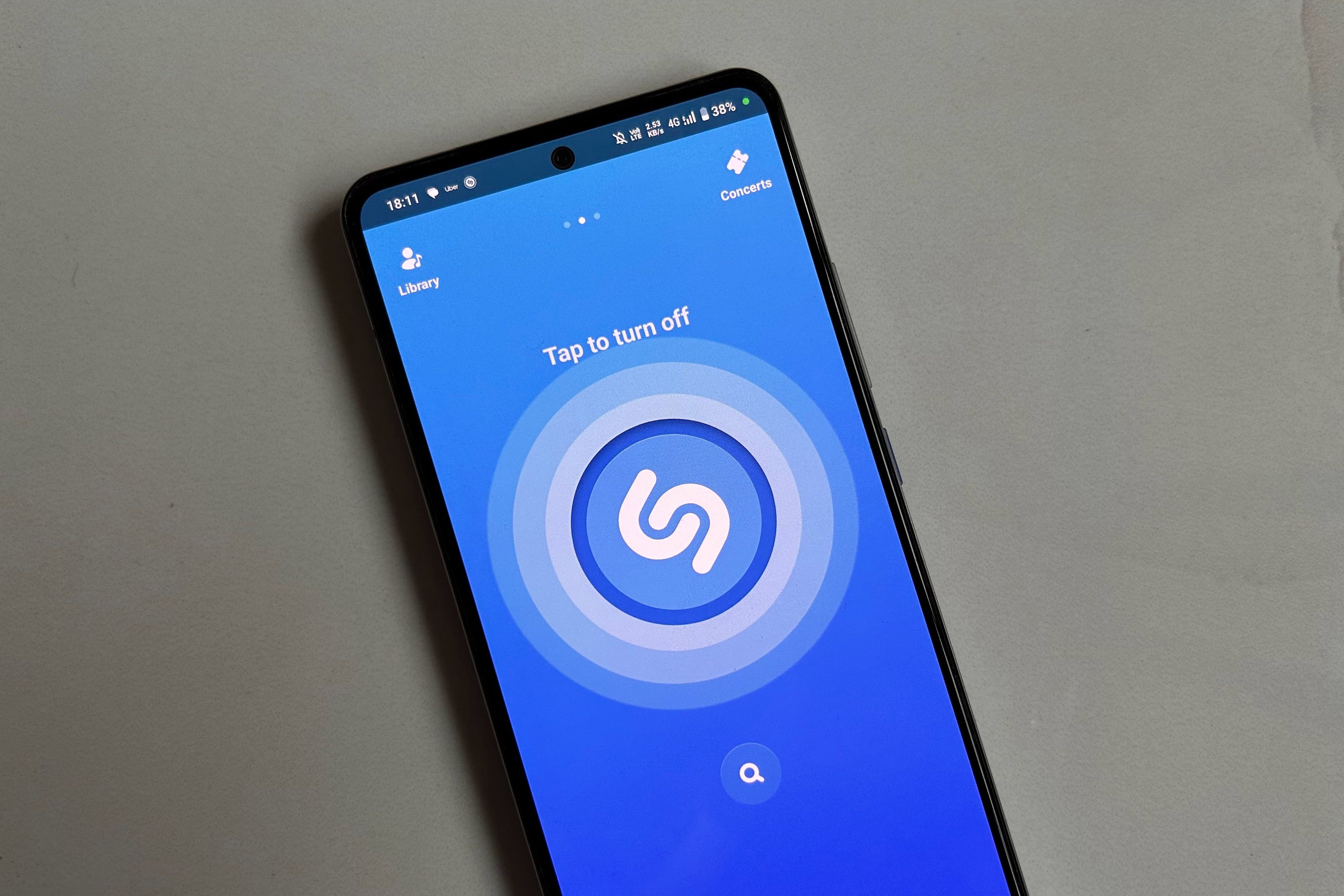 The Shazam app running on an Android phone.