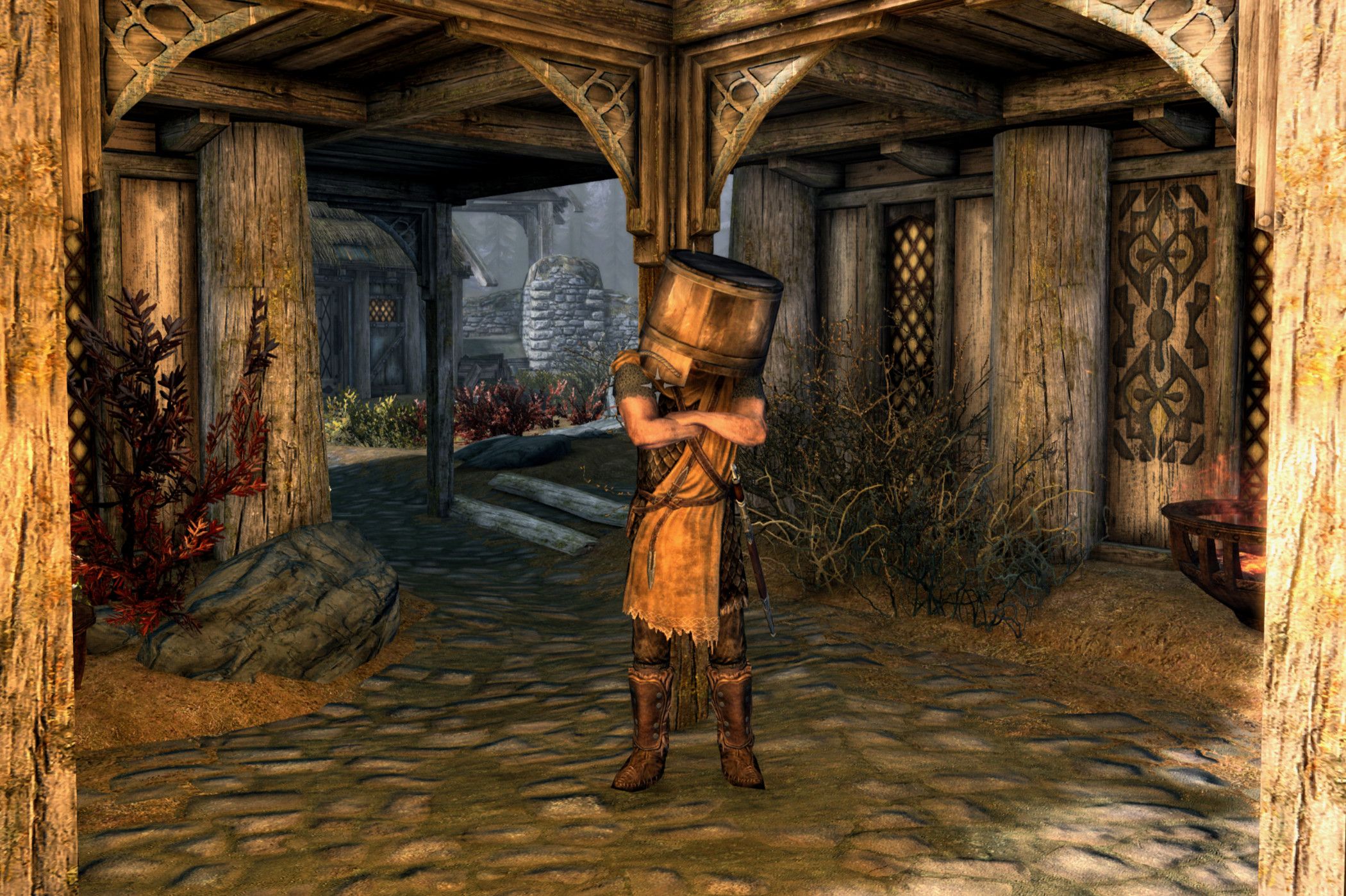 Skyrim's Whiterun guard with a bucket on his head.