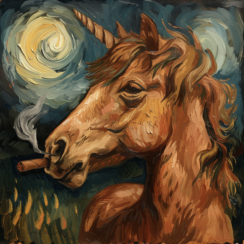 A Smoking Unicorn in the style of Van Gogh.
