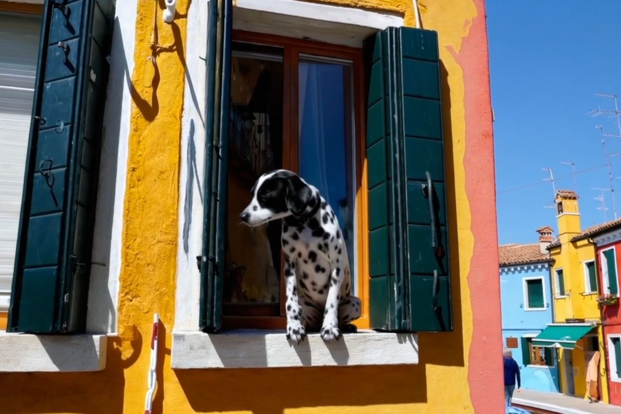 Sora AI video frame of a Dalmation in a window