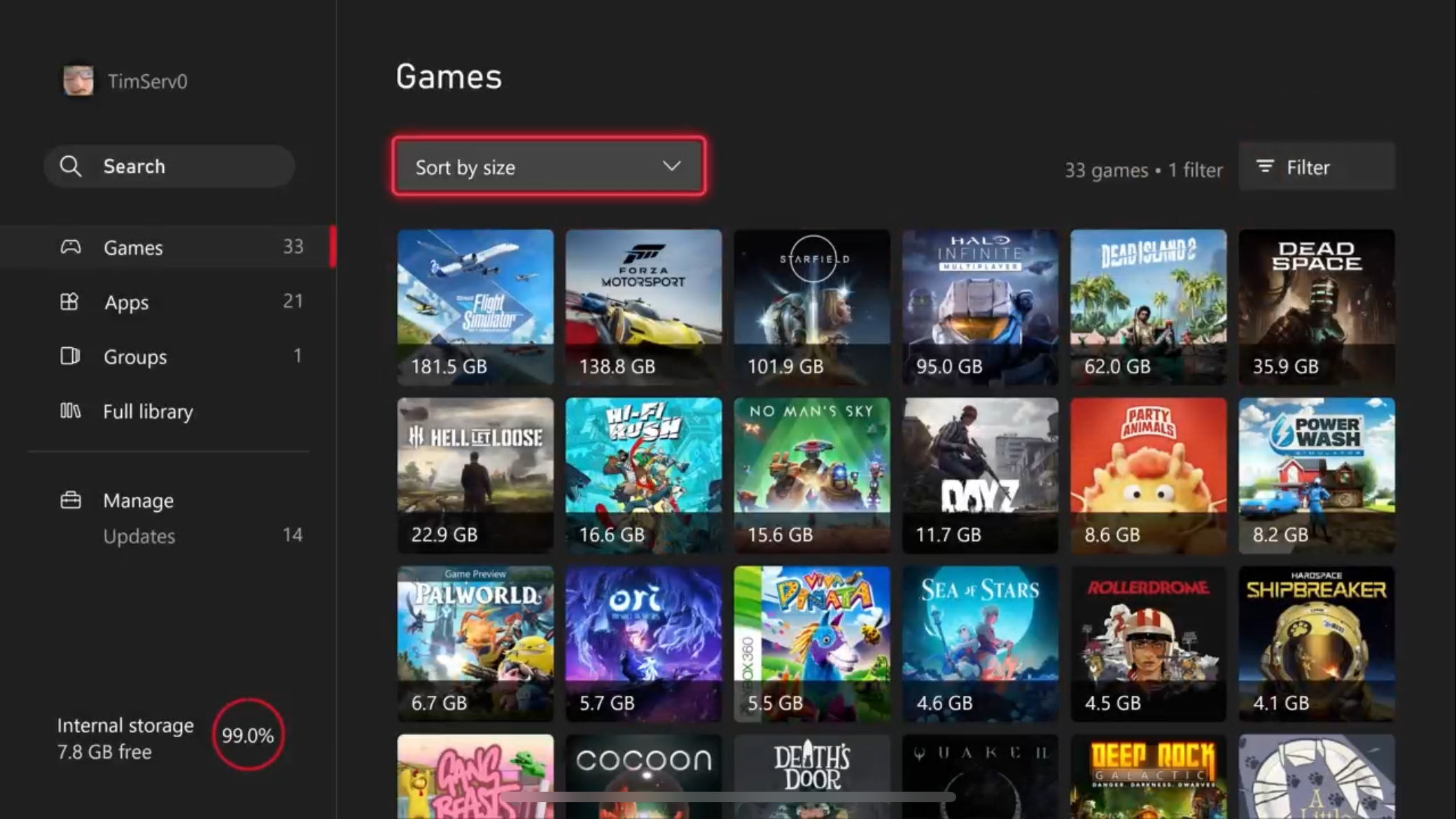 Sorting the Xbox &ldquo;My Games and apps&rdquo; list by size.