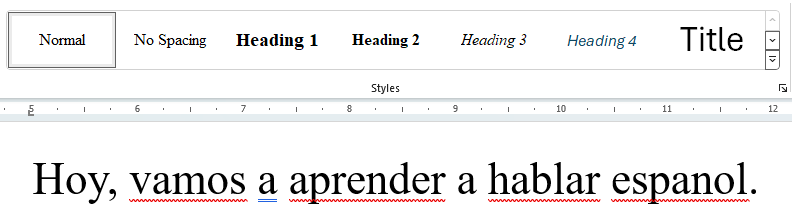 Word document containing a string of text in Spanish using the Normal style. The sentence is highlighted as containing errors.