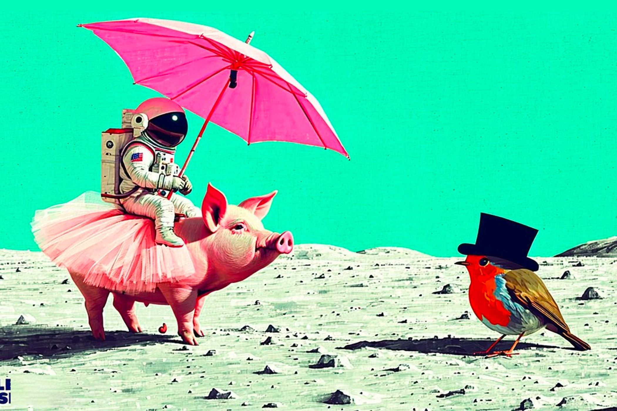 AI generated image of an astronaut holding an umbrella on a pig, looking at a bird with a top hat.