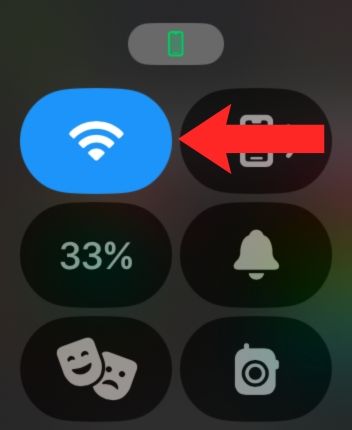 Apple Watch&rsquo;s Control Center screenshot highlighting the Wi-Fi toggle.