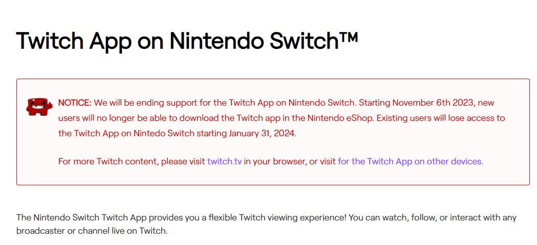 O aviso de que Twitch está descontinuando o aplicativo Nintendo Switch.