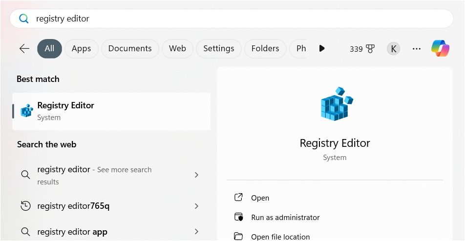 Typing Registry Editor in the Start menu.