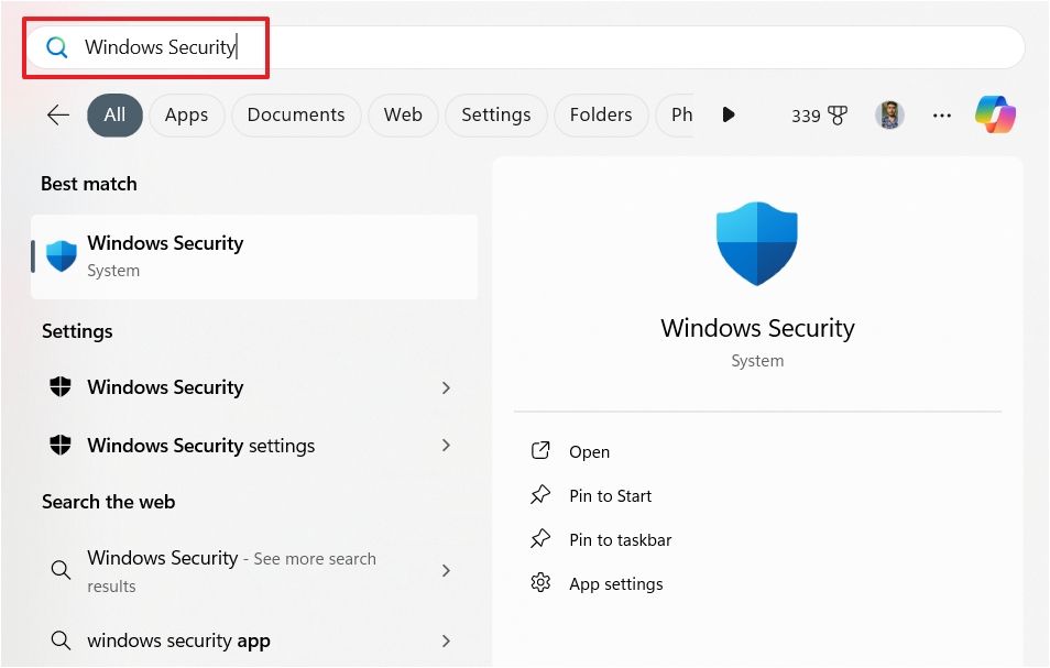 Typing Windows Security in the Start Menu search bar.