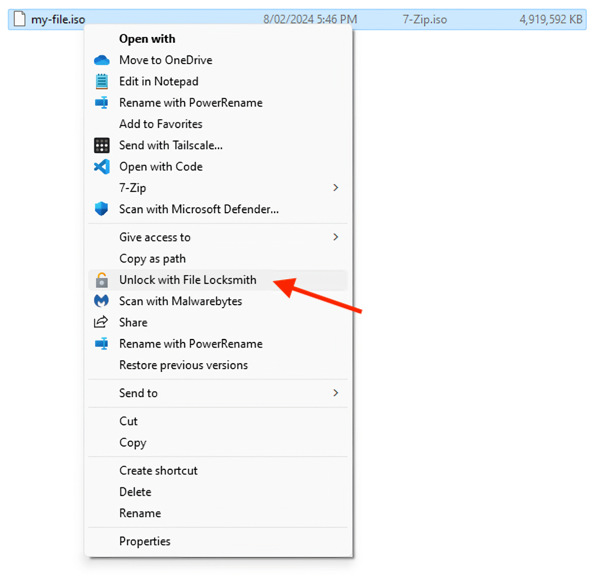 The location of the "Unlock with File Locksmith" option in the context menu.