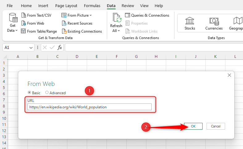 Excel 'From Web' dialog box, showing the Wikipedia page URL pasted into the box and the 'OK' button highlighted.