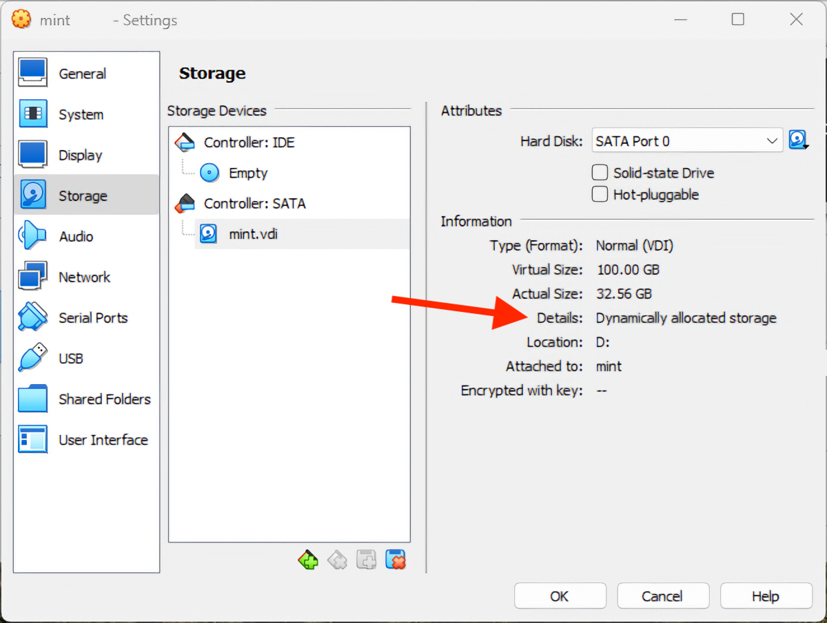 How to find out whether 'Dynamically allocated storage' is enabled for your virtual disk.