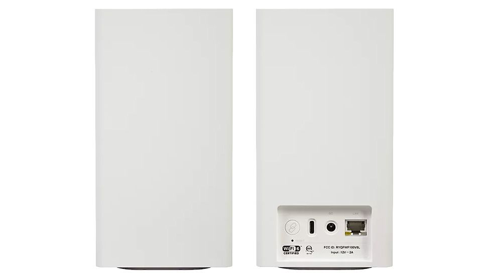 Photo of Verizon's home internet router, a tall white box with ports at the back.