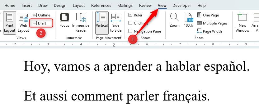 Word document showing where to access &lsquo;View&rsquo; on the ribbon and &lsquo;Draft&rsquo; in the Views group.