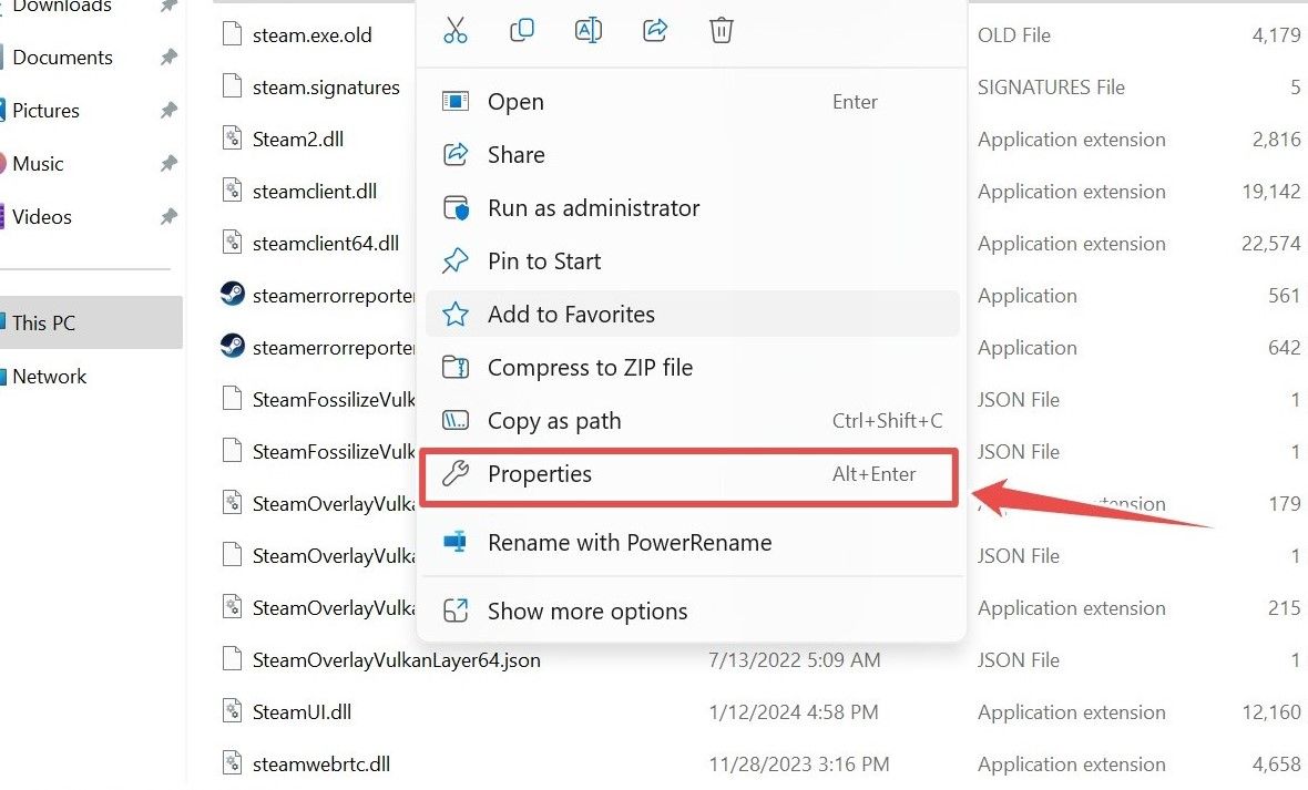 A screenshot of Windows 11 depicting the Properties option