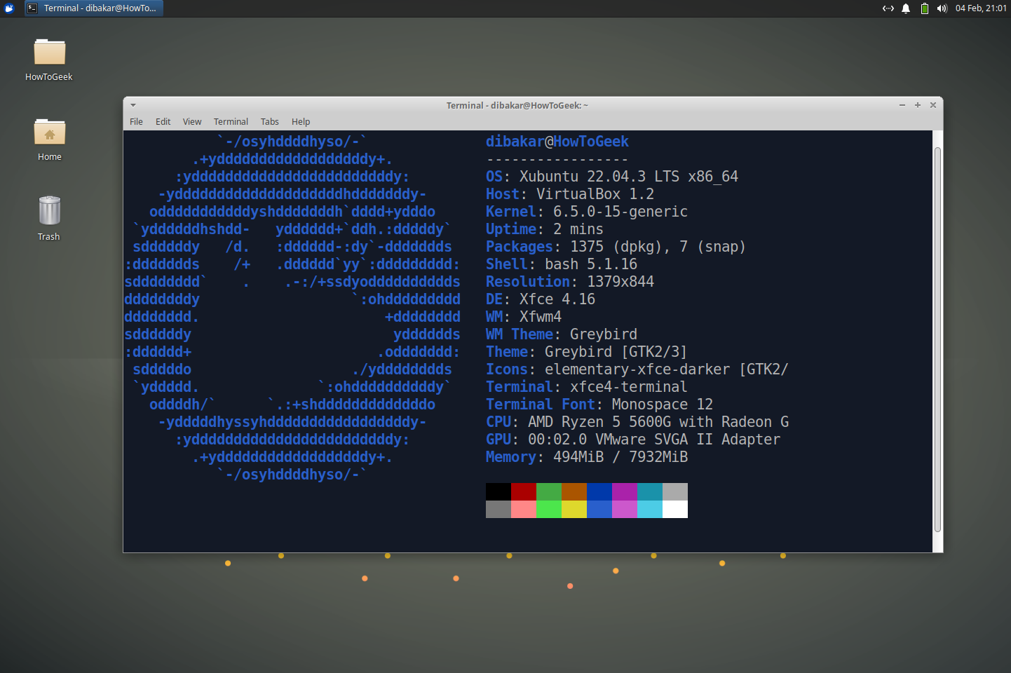 Xubuntu Linux Desktop показує вікно терміналу Neofetch.