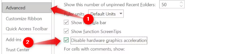Disabling the hardware acceleration in Microsoft Excel.