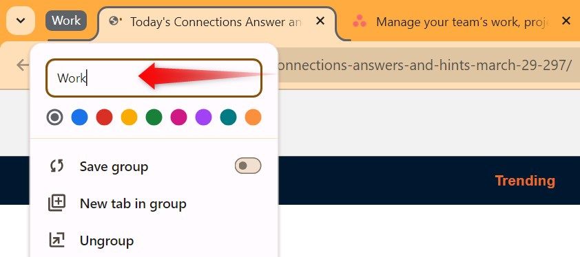 Adding a new tab group in Chrome.