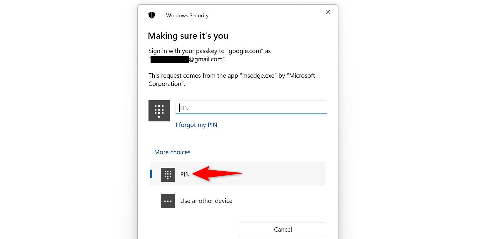 A 'Windows Security' prompt for signing in to Google with a passkey.