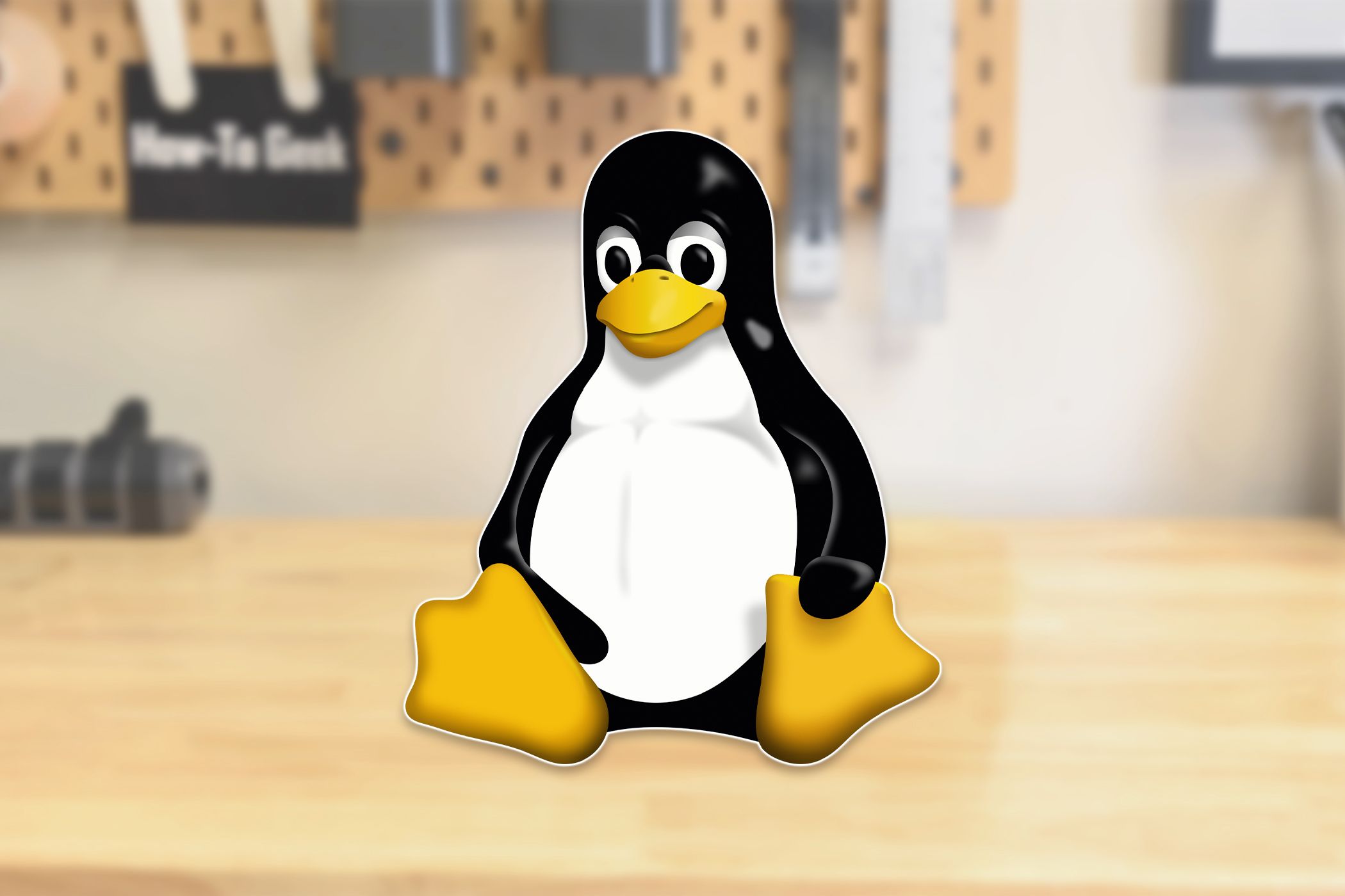 The Linux mascot, Tux, sitting on a workbench.