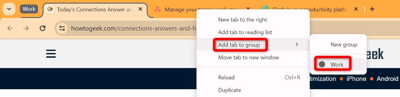Adding a new tab to a tab group in Chrome.