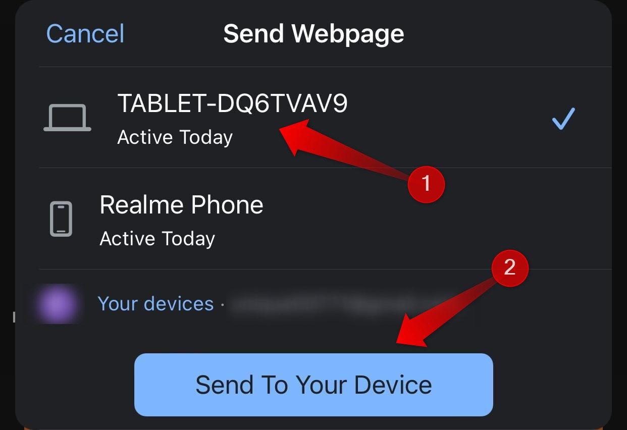 Sending a webpage to a desktop device from Chrome for iPhone.
