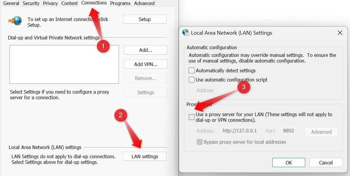 Turning off the proxy server from LAN settings on Windows.
